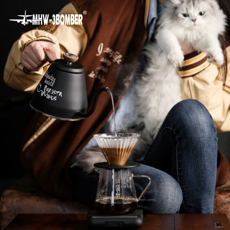 Portable Travel Camping Pour Over Coffee Kettle with Thermometer Gooseneck Water Pot Wooden Handle Home Barista Accessories