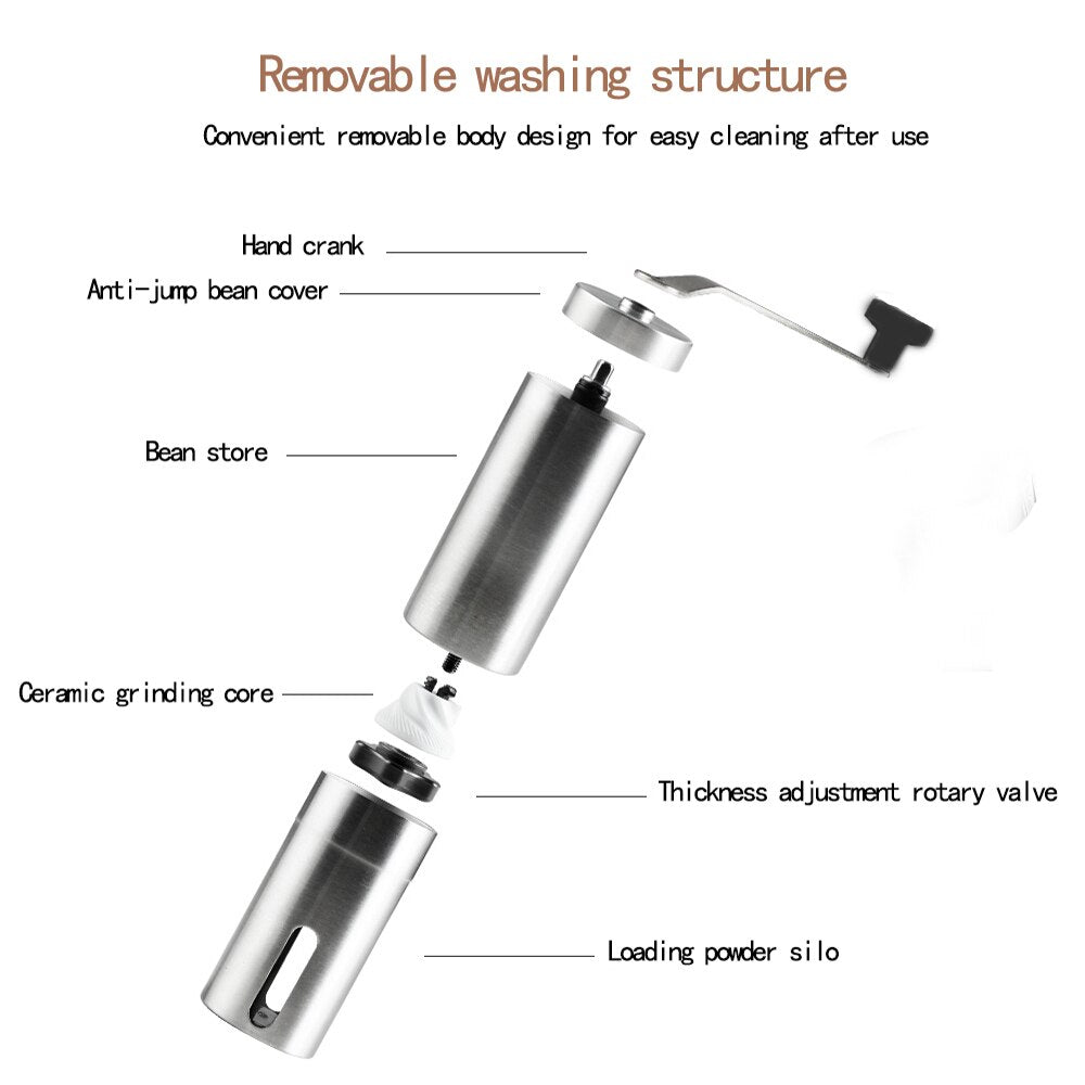 Manual coffee grinder for French embossing machine, hand-held mini, K cup, brushed stainless steel portable conical grinder
