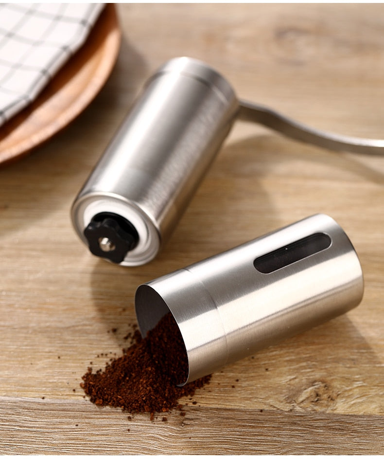 Manual coffee grinder for French embossing machine, hand-held mini, K cup, brushed stainless steel portable conical grinder