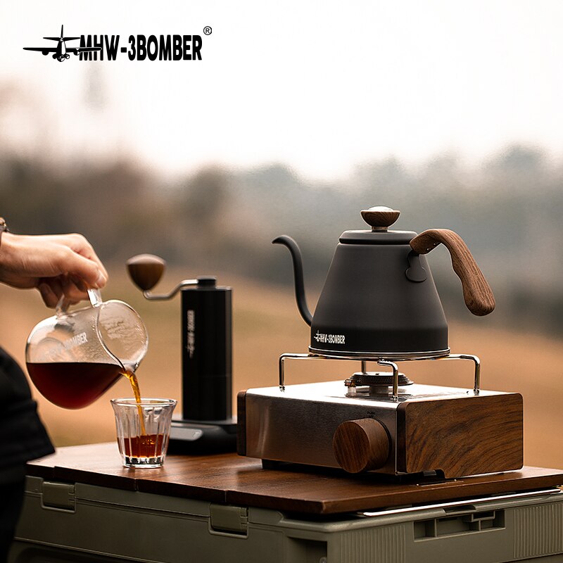 Portable Travel Camping Pour Over Coffee Kettle with Thermometer Gooseneck Water Pot Wooden Handle Home Barista Accessories