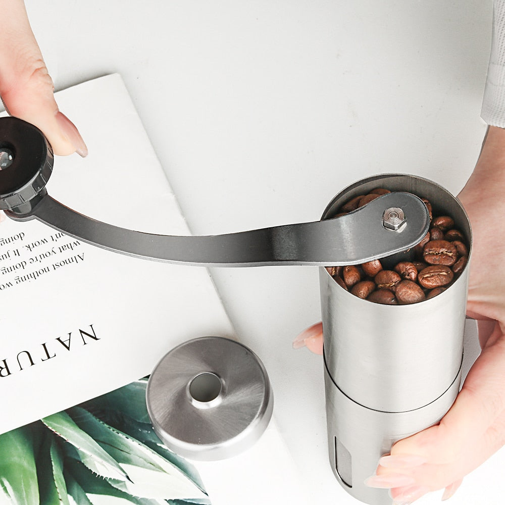Manual coffee grinder for French embossing machine, hand-held mini, K cup, brushed stainless steel portable conical grinder