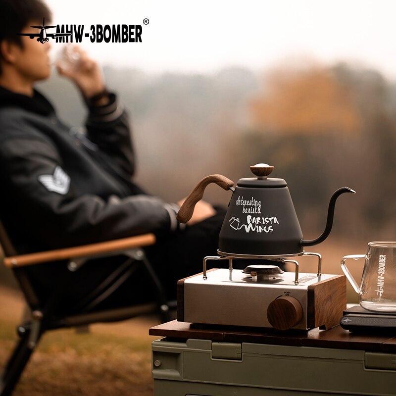 Portable Travel Camping Pour Over Coffee Kettle with Thermometer Gooseneck Water Pot Wooden Handle Home Barista Accessories