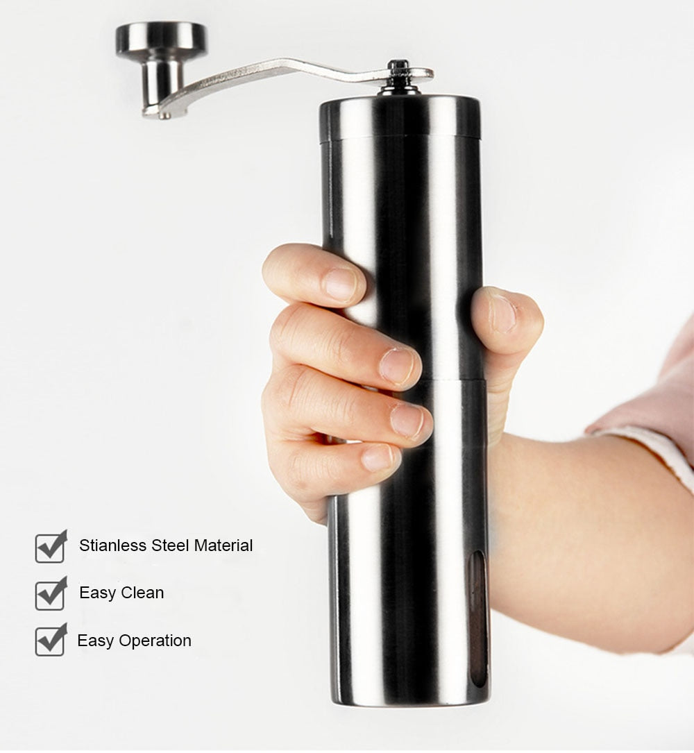 Manual coffee grinder for French embossing machine, hand-held mini, K cup, brushed stainless steel portable conical grinder