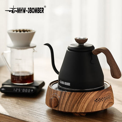 Portable Travel Camping Pour Over Coffee Kettle with Thermometer Gooseneck Water Pot Wooden Handle Home Barista Accessories