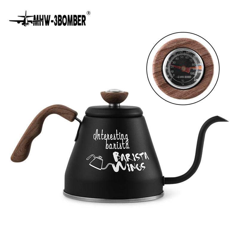 Portable Travel Camping Pour Over Coffee Kettle with Thermometer Gooseneck  Water Pot Wooden Handle Home Barista Accessories