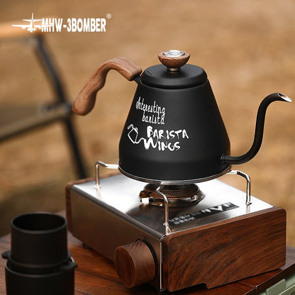 Portable Travel Camping Pour Over Coffee Kettle with Thermometer Gooseneck Water Pot Wooden Handle Home Barista Accessories